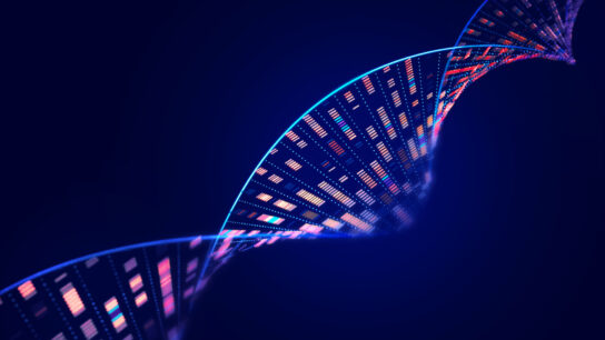 Illustration of DNA with sequencing data printed on it