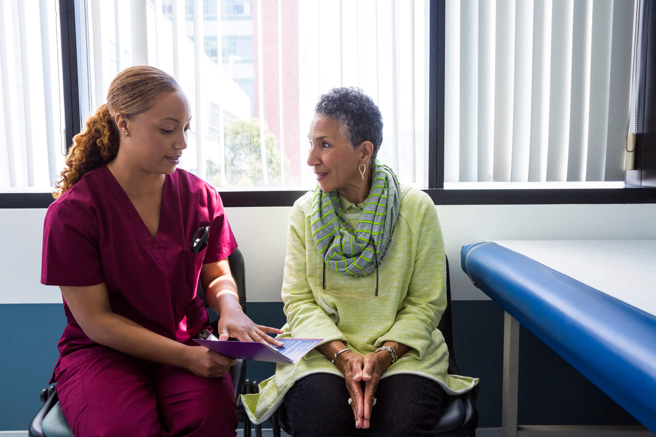 Nurse talking to female patient.